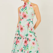 Yumi Mint Floral Halter Neck Midi Dress with Matching Belt