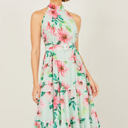 Yumi Mint Floral Halter Neck Midi Dress with Matching Belt