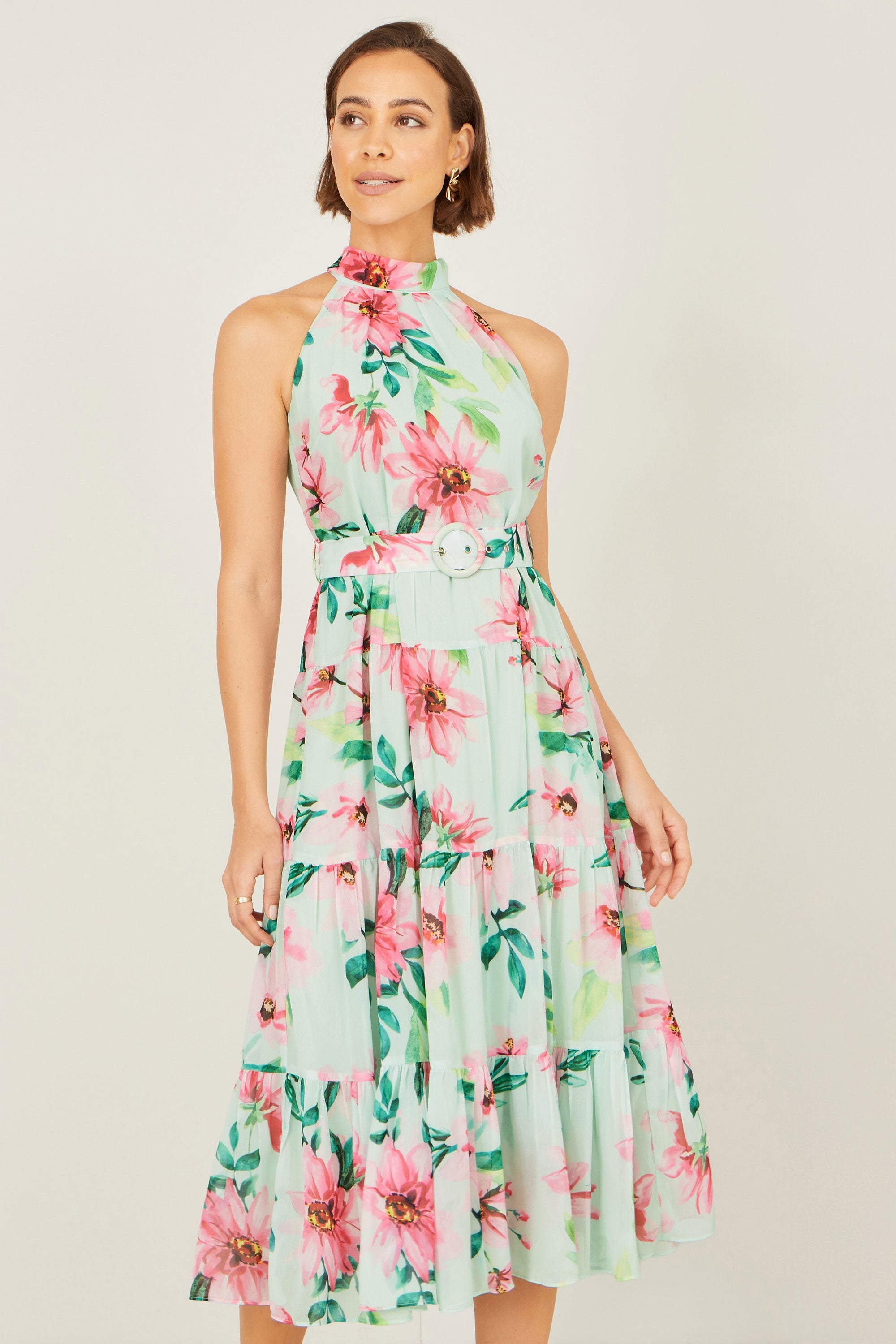 Yumi Mint Floral Halter Neck Midi Dress with Matching Belt