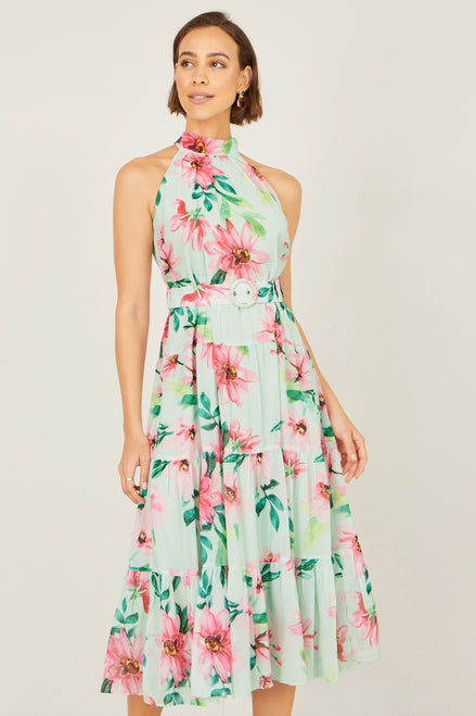 Yumi Mint Floral Halter Neck Midi Dress with Matching Belt