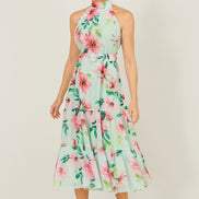 Yumi Mint Floral Halter Neck Midi Dress with Matching Belt