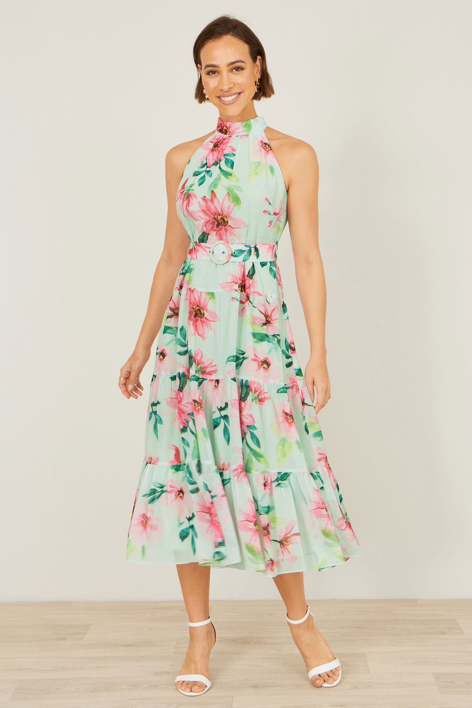 Yumi Mint Floral Halter Neck Midi Dress with Matching Belt