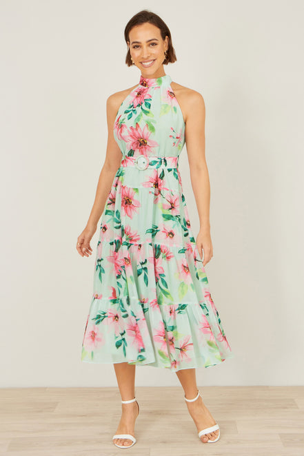 Yumi Mint Floral Halter Neck Midi Dress with Matching Belt