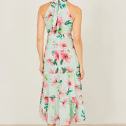 Yumi Mint Floral Halter Neck Midi Dress with Matching Belt