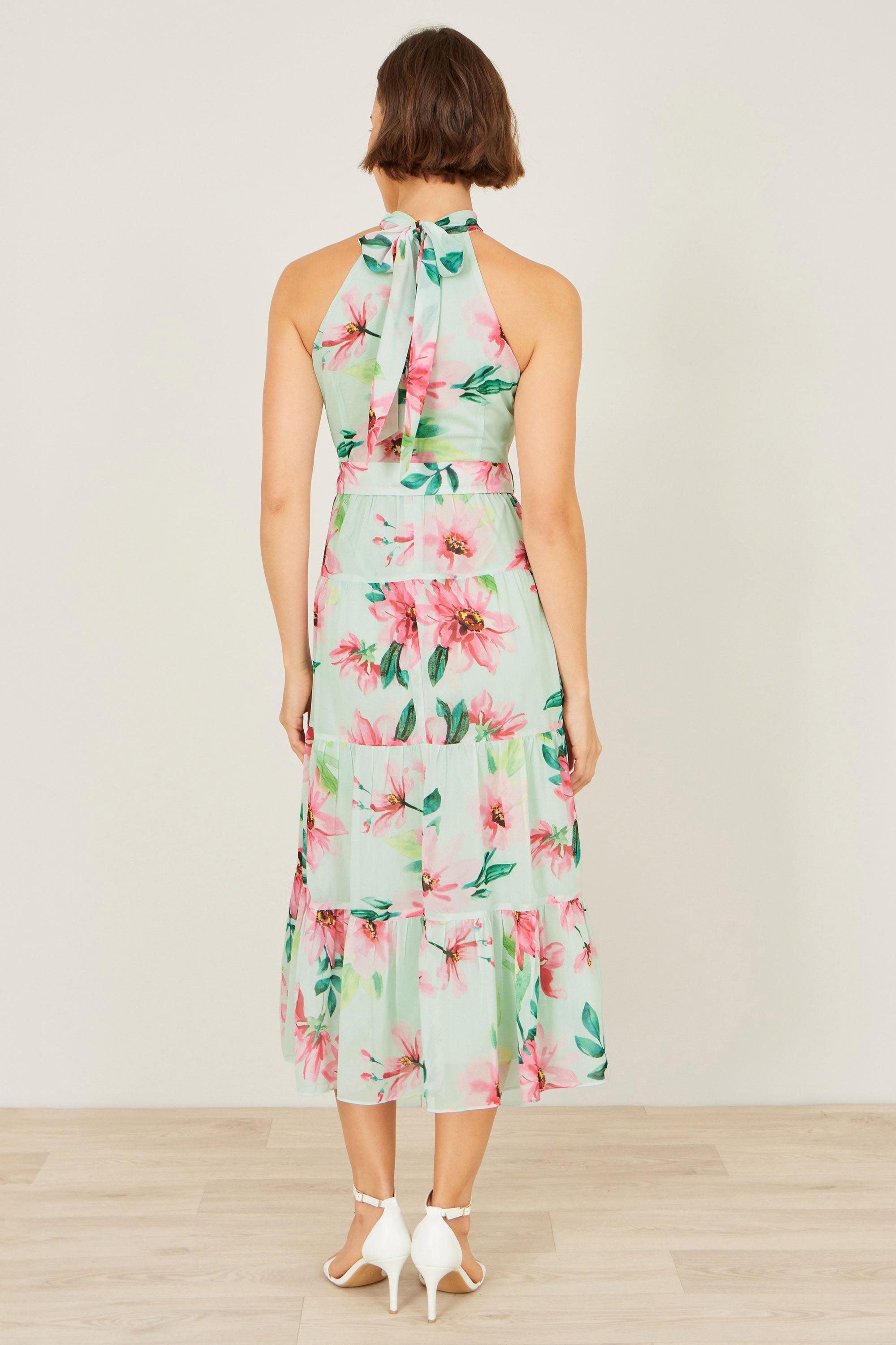 Yumi Mint Floral Halter Neck Midi Dress with Matching Belt