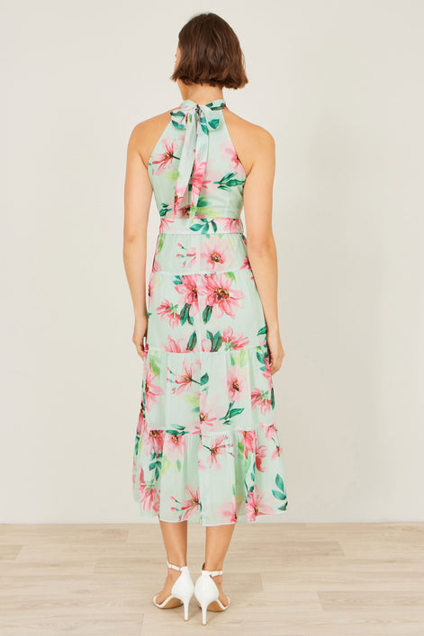 Yumi Mint Floral Halter Neck Midi Dress With Matching Belt
