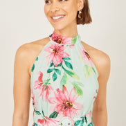 Yumi Mint Floral Halter Neck Midi Dress with Matching Belt