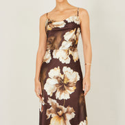 Yumi Brown Cowl Neck Satin Floral Dress