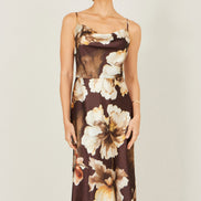 Yumi Brown Cowl Neck Satin Floral Dress