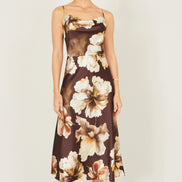 Yumi Brown Cowl Neck Satin Floral Dress