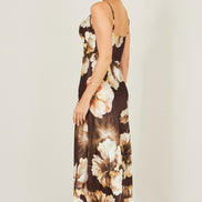 Yumi Brown Cowl Neck Satin Floral Dress