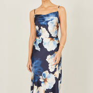 Yumi Navy Cowl Neck Satin Floral Dress