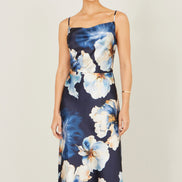 Yumi Navy Cowl Neck Satin Floral Dress