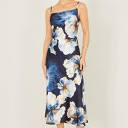 Yumi Navy Cowl Neck Satin Floral Dress
