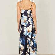 Yumi Navy Cowl Neck Satin Floral Dress