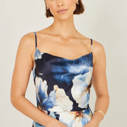 Yumi Navy Cowl Neck Satin Floral Dress