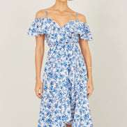Yumi Blue Floral Print Bardot Midi Dress With Dip Hem