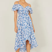 Yumi Blue Floral Print Bardot Midi Dress With Dip Hem