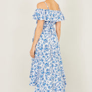 Yumi Blue Floral Print Bardot Midi Dress With Dip Hem