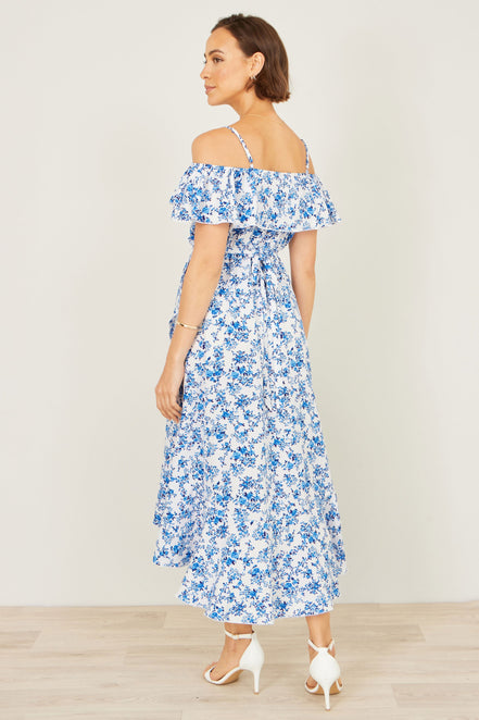 Yumi Blue Floral Print Bardot Midi Dress With Dip Hem