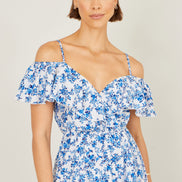Yumi Blue Floral Print Bardot Midi Dress With Dip Hem