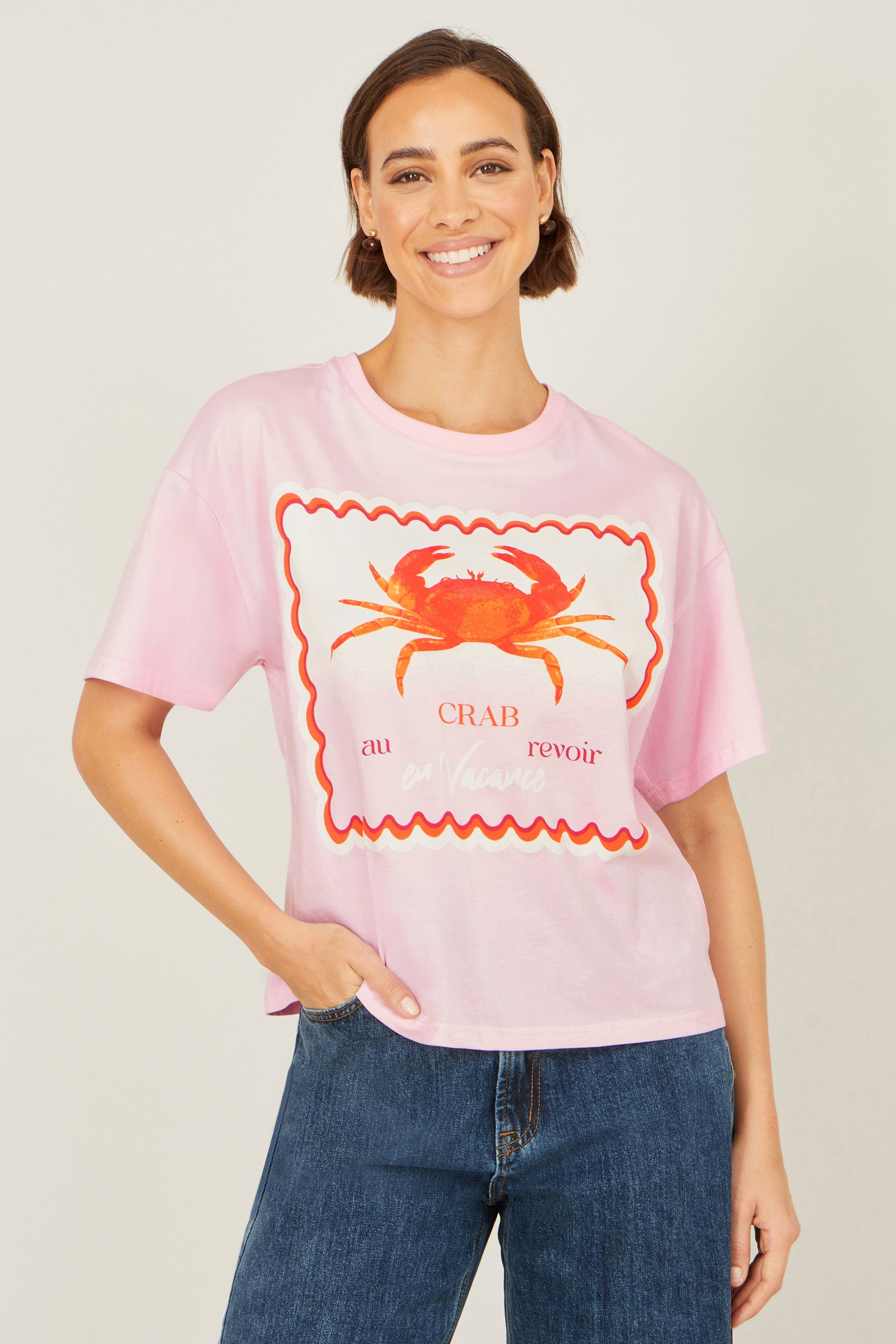 Yumi Pink Crab Vacation Print T-Shirt