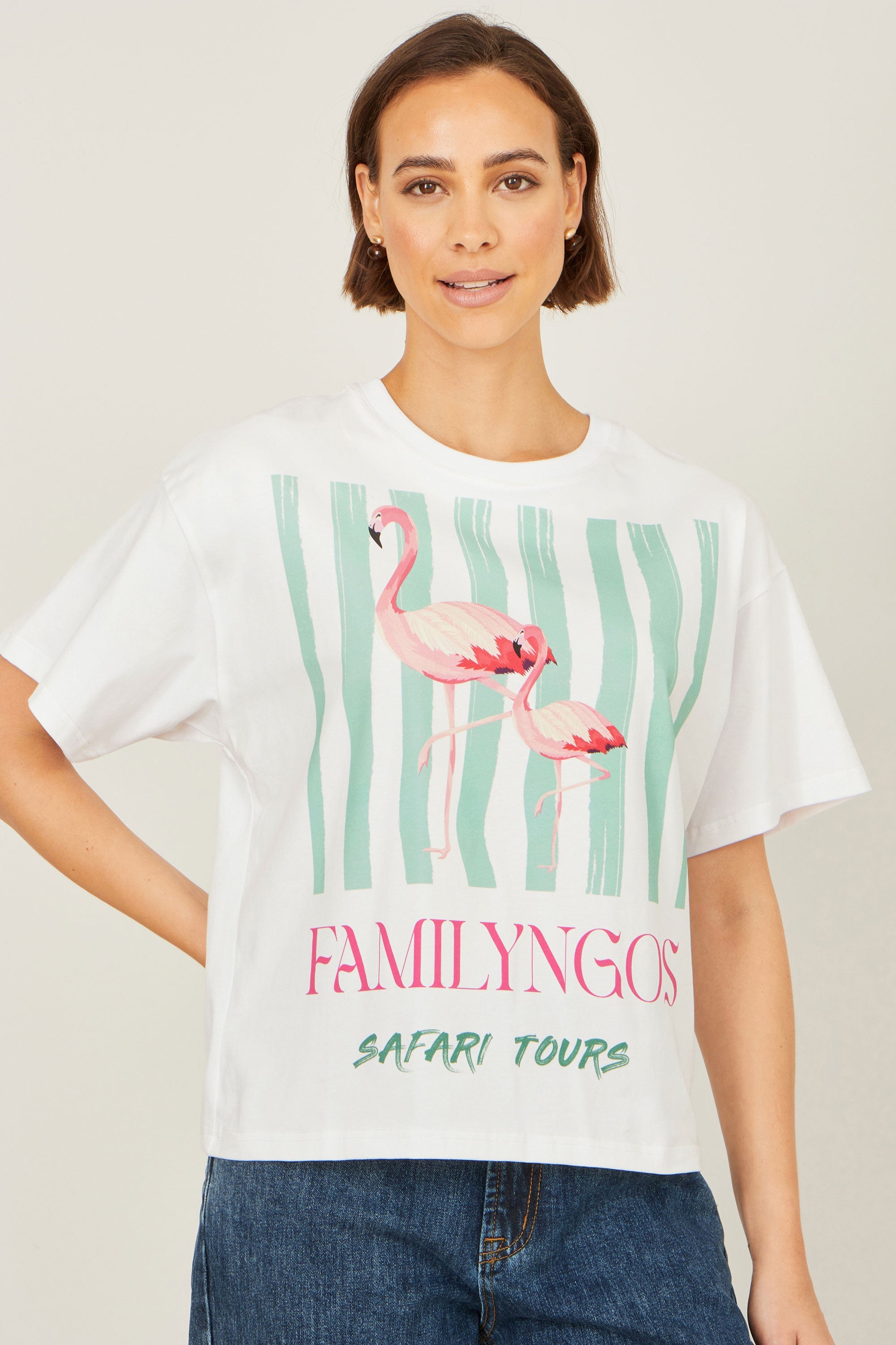 Yumi White Retro Relaxed Flamingo Cotton T-Shirt