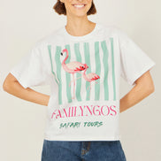 Yumi White Retro Relaxed Flamingo Cotton T-Shirt