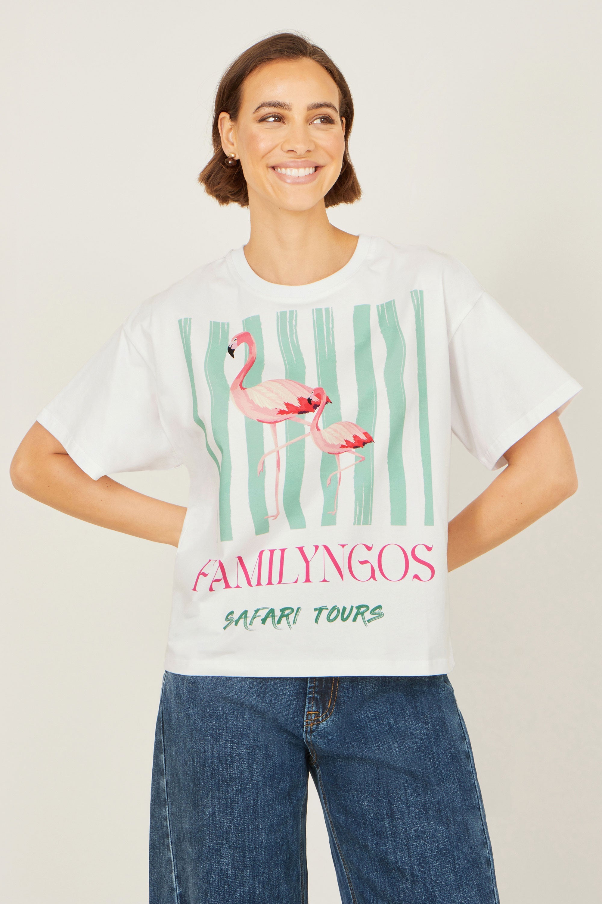 Yumi White Retro Relaxed Flamingo Cotton T-Shirt