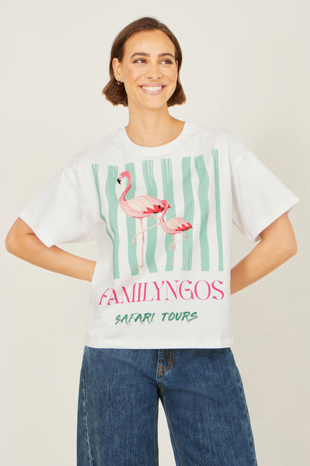 Yumi White Retro Relaxed Flamingo Cotton T-Shirt