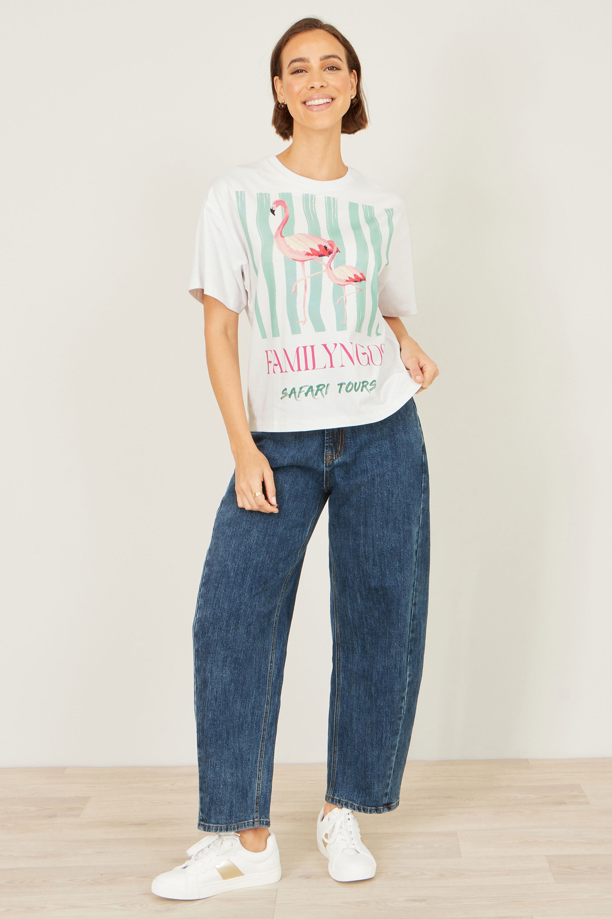 Yumi White Retro Relaxed Flamingo Cotton T-Shirt