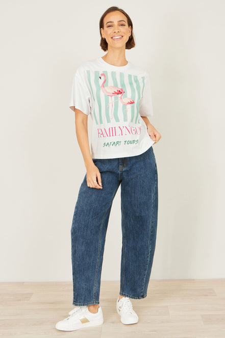 Yumi White Retro Relaxed Flamingo Cotton T-Shirt