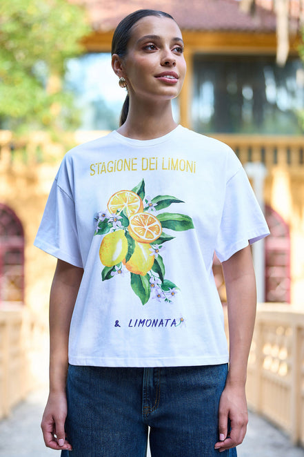 Yumi White Retro Relaxed Lemon Print Cotton T-Shirt