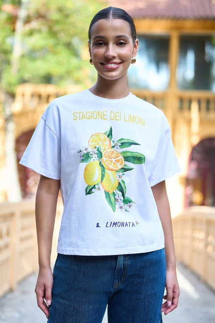 Yumi White Retro Relaxed Lemon Print Cotton T-Shirt