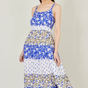 Yumi White And Blue Rayon Patchwork Print Tiered Maxi Dress