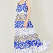 Yumi White And Blue Rayon Patchwork Print Tiered Maxi Dress