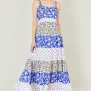 Yumi White And Blue Rayon Patchwork Print Tiered Maxi Dress