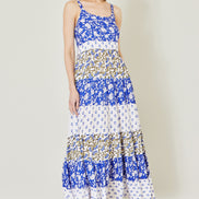 Yumi White And Blue Rayon Patchwork Print Tiered Maxi Dress