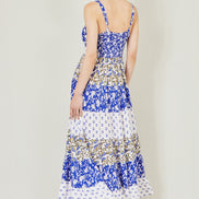 Yumi White And Blue Rayon Patchwork Print Tiered Maxi Dress