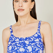Yumi White And Blue Rayon Patchwork Print Tiered Maxi Dress