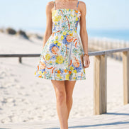 Yumi White Mediterranean Print Cotton Mini Sun Dress
