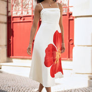 Yumi White Oversize Poppy Placement Midi Sun Dress
