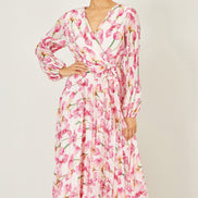 Yumi White Orchid Floral Pleated Wrap Maxi Dress