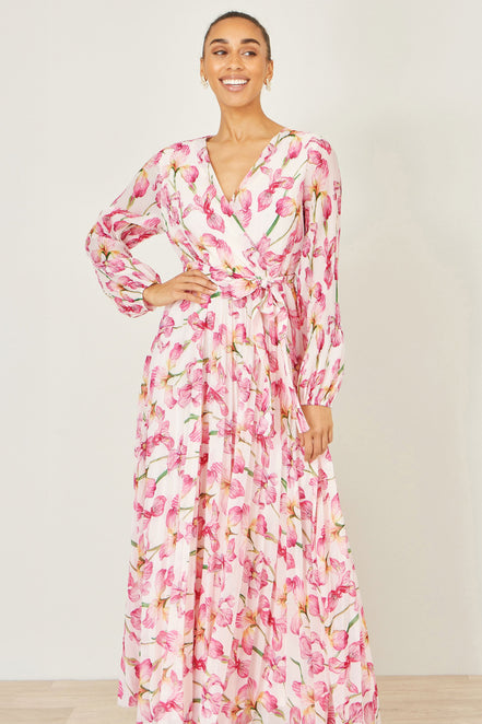 Yumi White Orchid Floral Pleated Wrap Maxi Dress