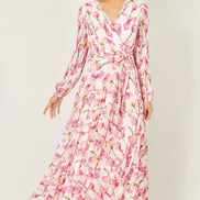 Yumi White Orchid Floral Pleated Wrap Maxi Dress