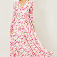 Yumi White Orchid Floral Pleated Wrap Maxi Dress