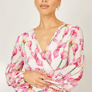 Yumi White Orchid Floral Pleated Wrap Maxi Dress