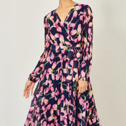 Yumi Navy Orchid Floral Pleated Wrap Maxi Dress