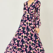 Yumi Navy Orchid Floral Pleated Wrap Maxi Dress