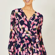 Yumi Navy Orchid Floral Pleated Wrap Maxi Dress